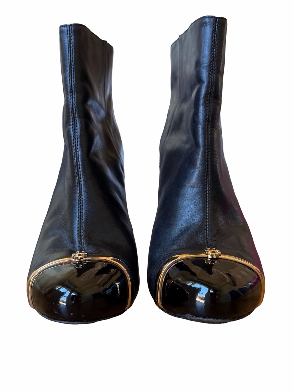 Tory Burch Pacey Black Leather Patent Cap Toe Stiletto Boots Size 8 - Picture 7 of 14